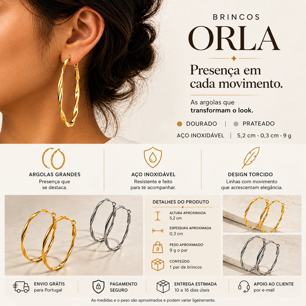 Imagem editorial dos Brincos ORLA com design de argola grande torcida e acabamentos dourado e prateado