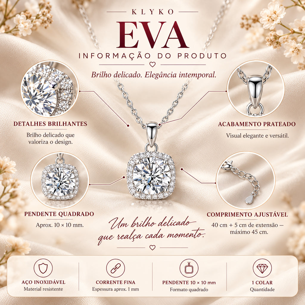 Ficha informativa do Colar EVA, colar prateado feminino em aço inoxidável com detalhes brilhantes