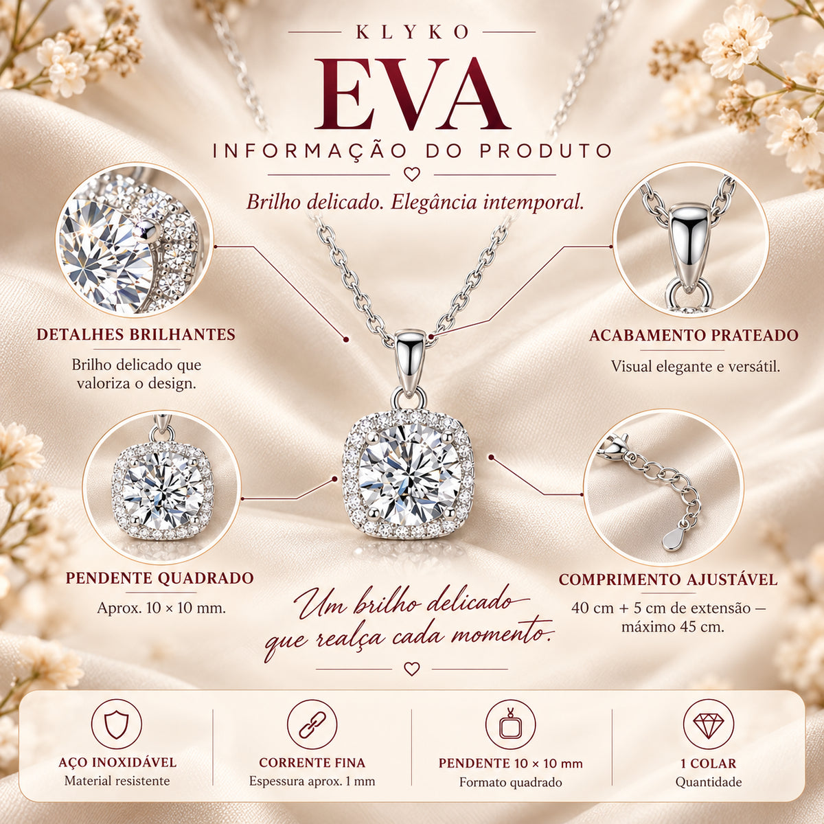 Ficha informativa do Colar EVA, colar prateado feminino em aço inoxidável com detalhes brilhantes
