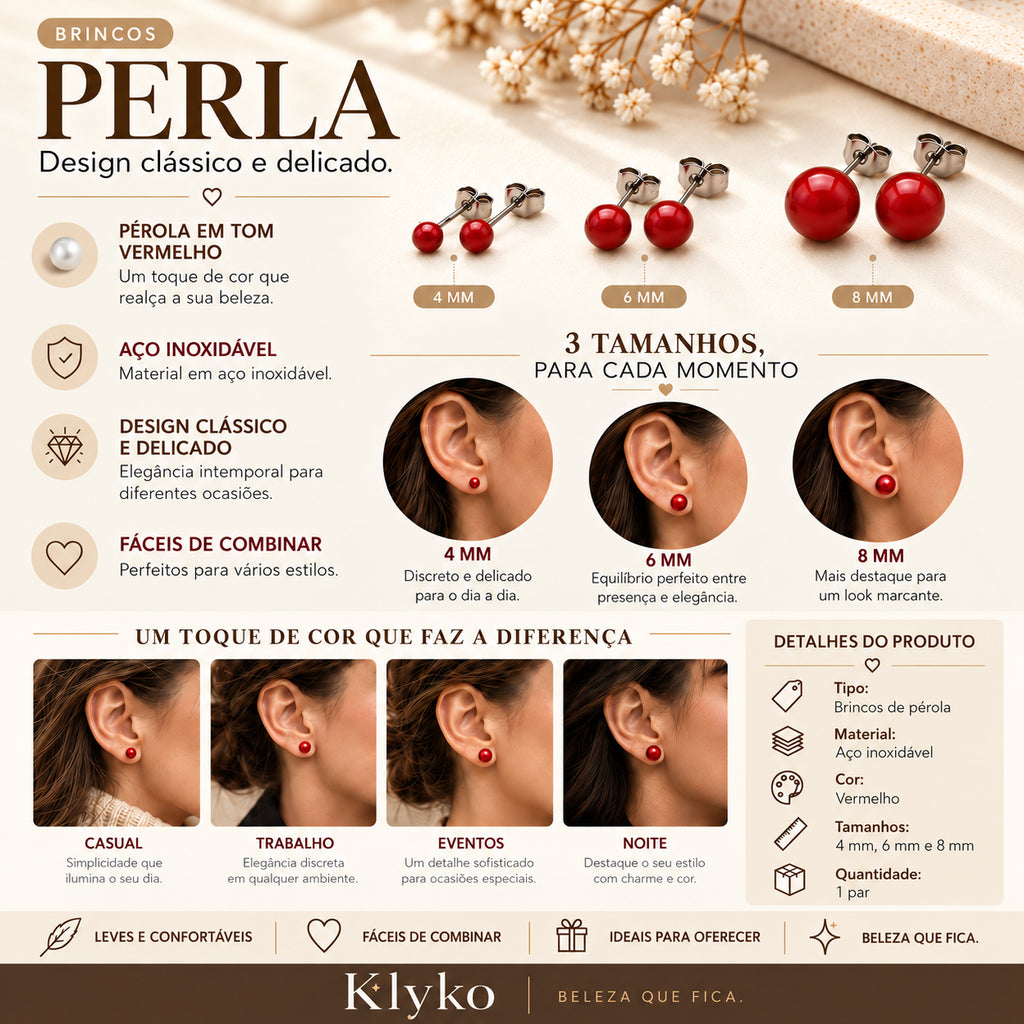Infografia dos Brincos PERLA vermelhos com tamanhos 4 mm, 6 mm e 8 mm