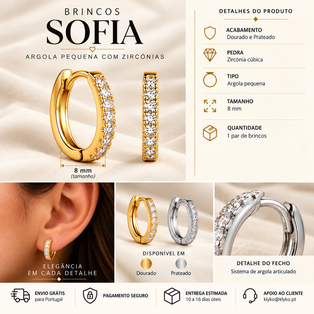 Infografia dos Brincos SOFIA com acabamentos dourado e prateado, zircónia cúbica, tamanho de 8 mm e fecho articulado