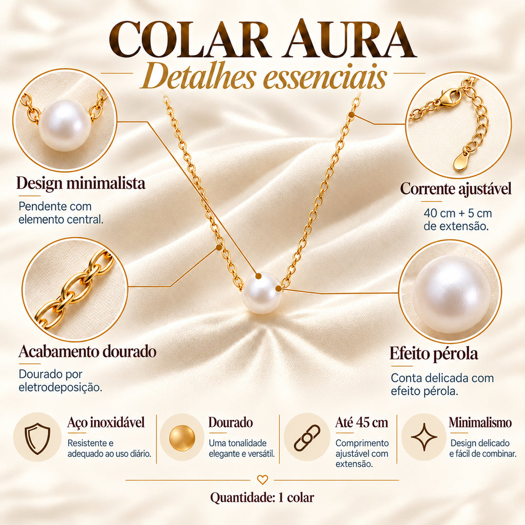 Infografia do Colar AURA dourado em aço inoxidável com conta de efeito pérola e principais detalhes do produto.
