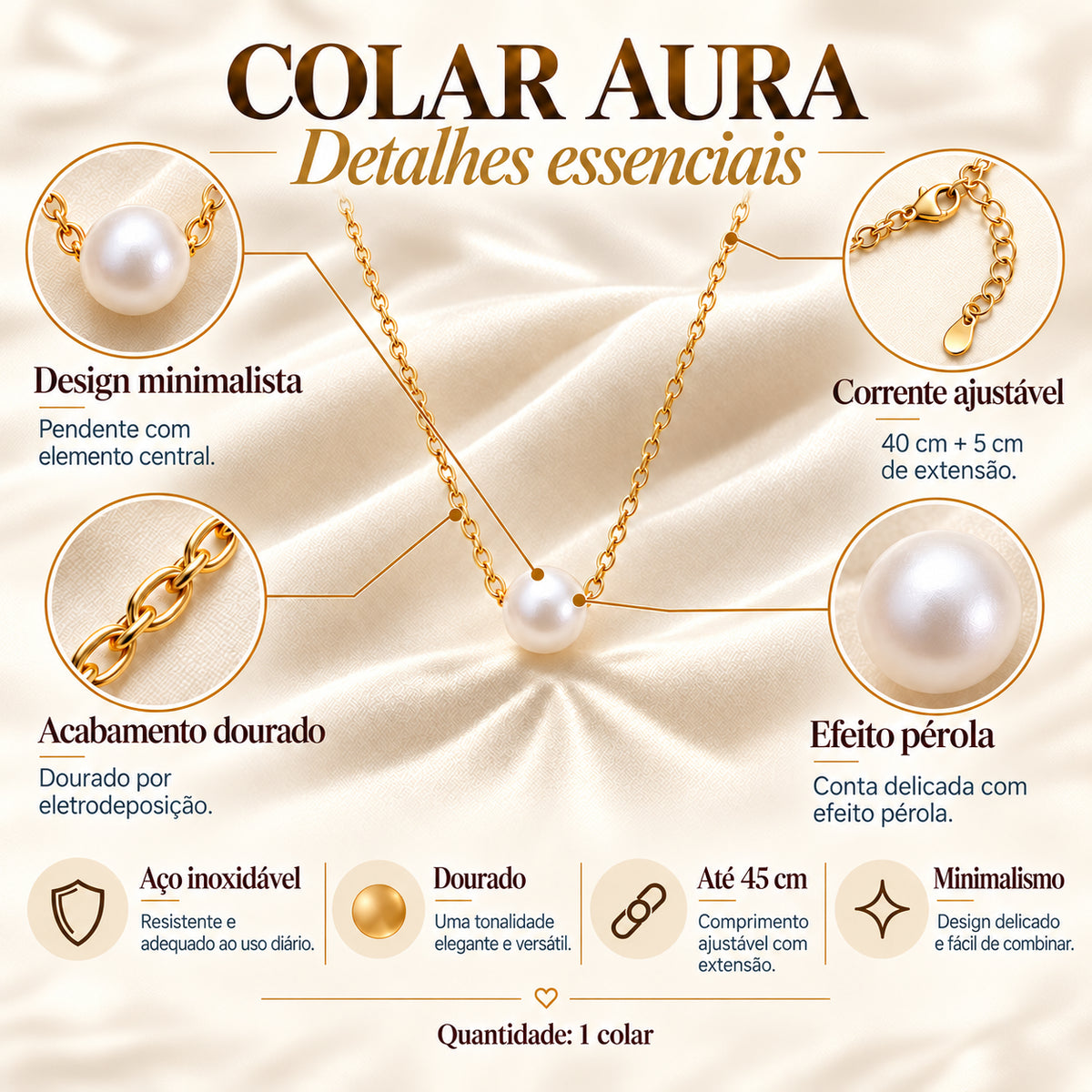 Infografia do Colar AURA dourado em aço inoxidável com conta de efeito pérola e principais detalhes do produto.