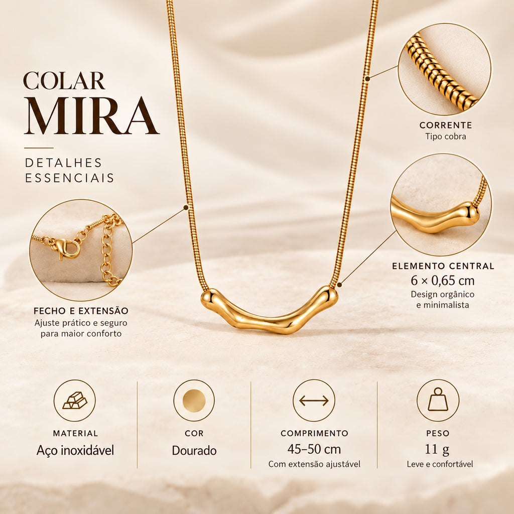 Infografia do Colar MIRA com detalhes do produto em aço inoxidável, corrente cobra e acabamento dourado