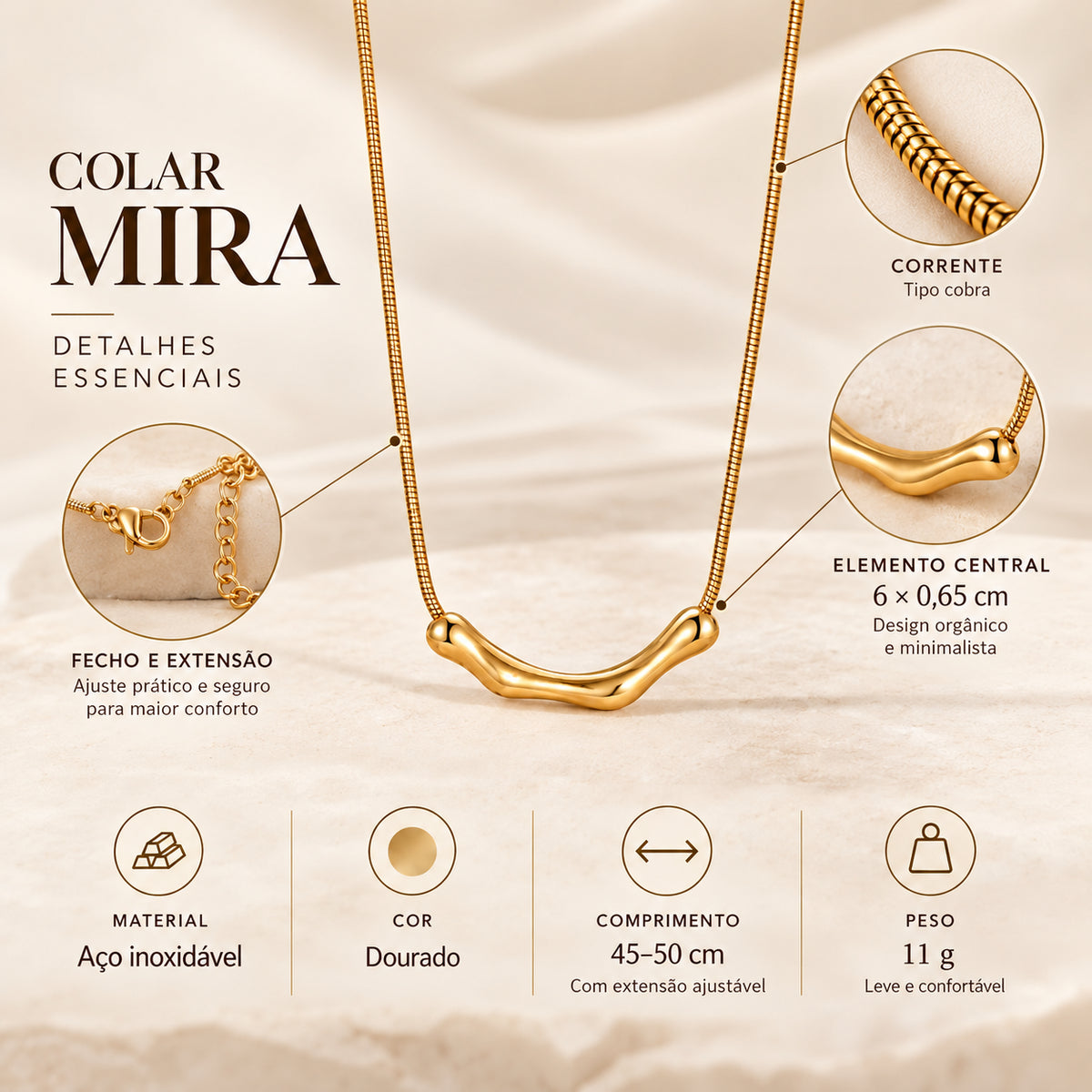 Infografia do Colar MIRA com detalhes do produto em aço inoxidável, corrente cobra e acabamento dourado