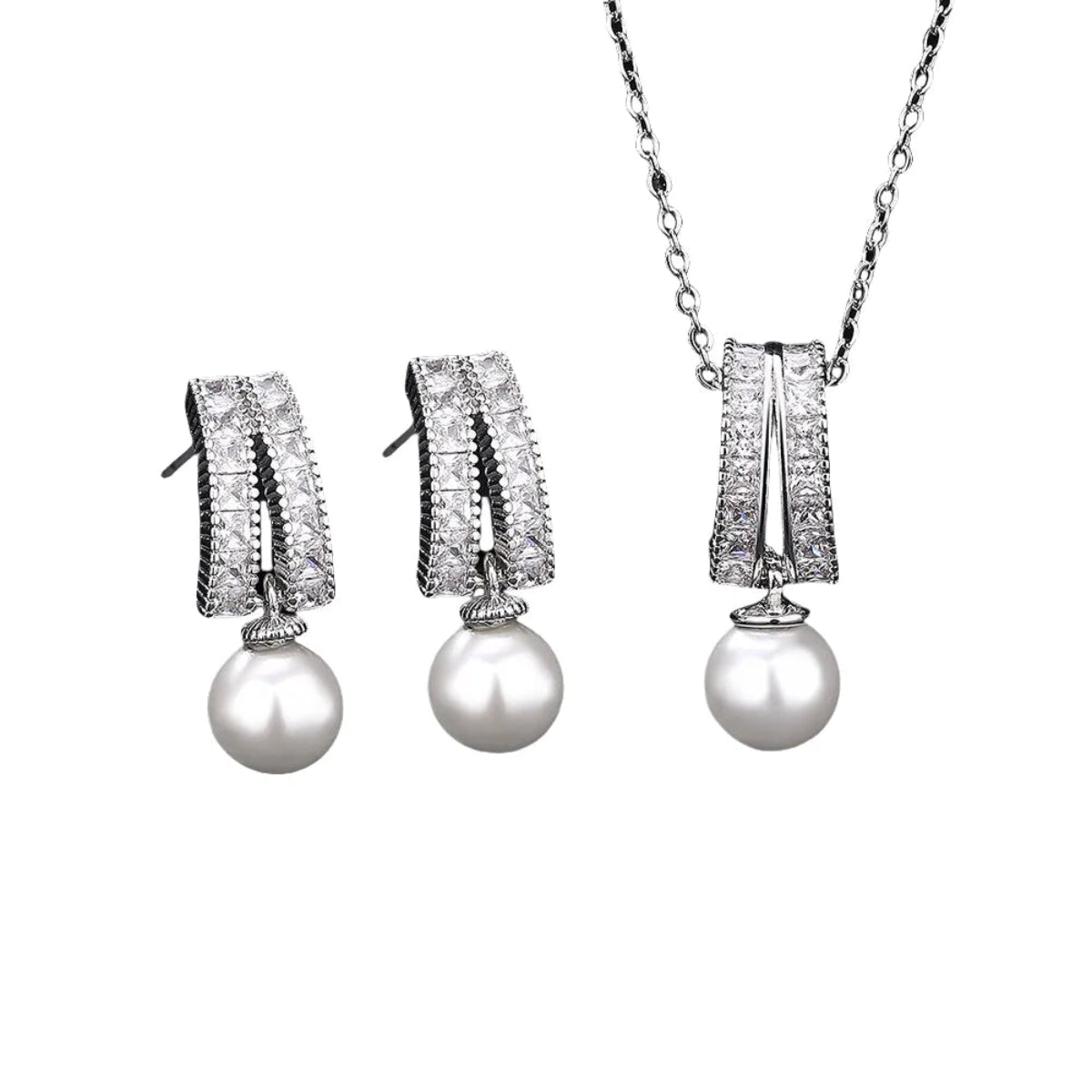 Conjunto AURORA com colar e brincos prateados com zircónias e pérolas sintéticas sobre fundo branco