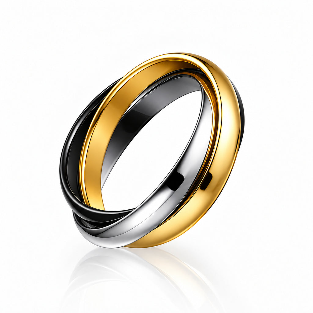 Anel TRINITY de três aros entrelaçados em aço inoxidável dourado, prateado e preto