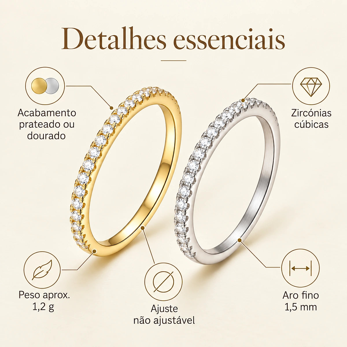 Infografia do Anel DAISY com acabamento dourado e prateado, zircónias, peso aproximado, ajuste e largura do aro.