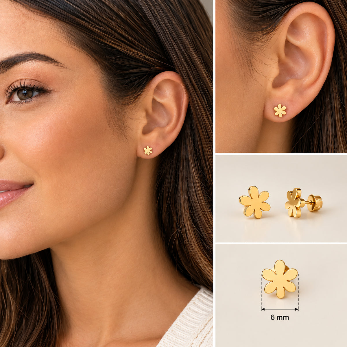 Brinco FLOR dourado com seis pétalas usado na orelha