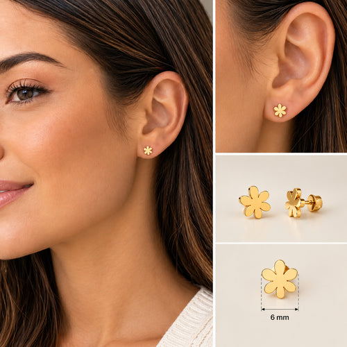 Brinco FLOR dourado com seis pétalas usado na orelha