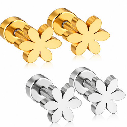 Brincos FLOR em aço inoxidável nos acabamentos dourado e prateado