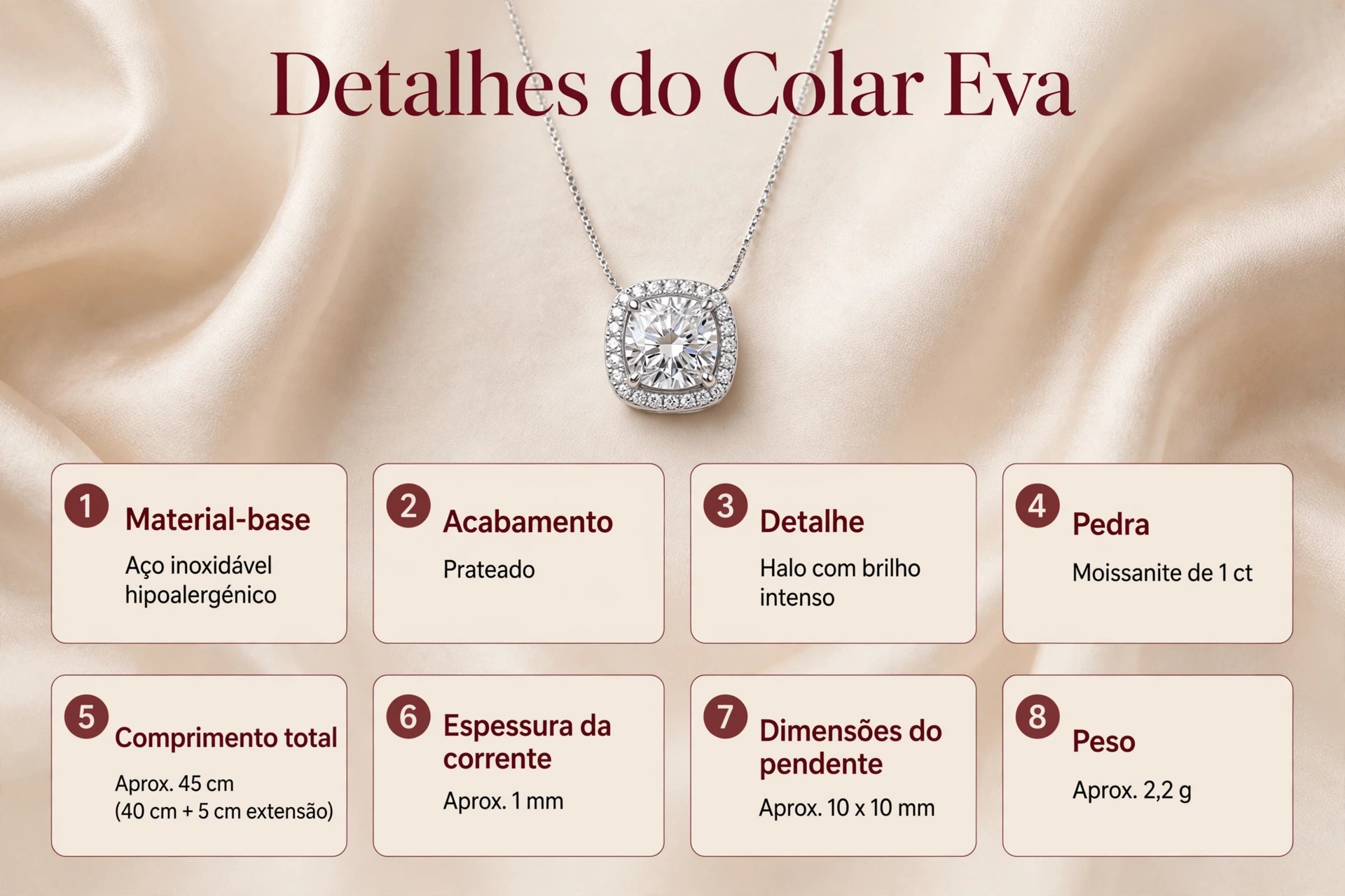 Ficha técnica do colar Eva - material aço inoxidável hipoalergénico, pedra moissanite 1 ct, comprimento 45 cm