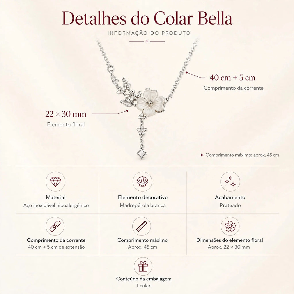 etalhes do colar floral em aço inoxidável hipoalergénico com madrepérola branca e corrente de 40 cm mais 5 cm de extensão