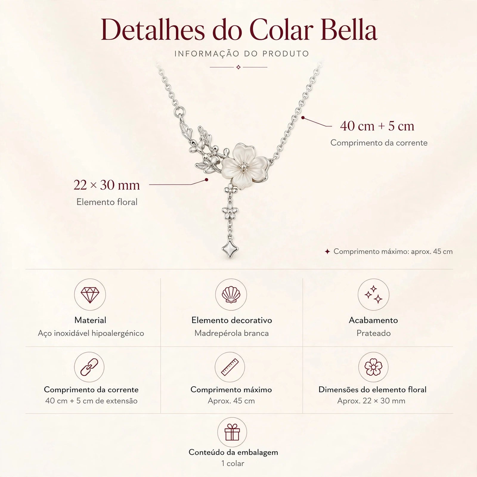 etalhes do colar floral em aço inoxidável hipoalergénico com madrepérola branca e corrente de 40 cm mais 5 cm de extensão