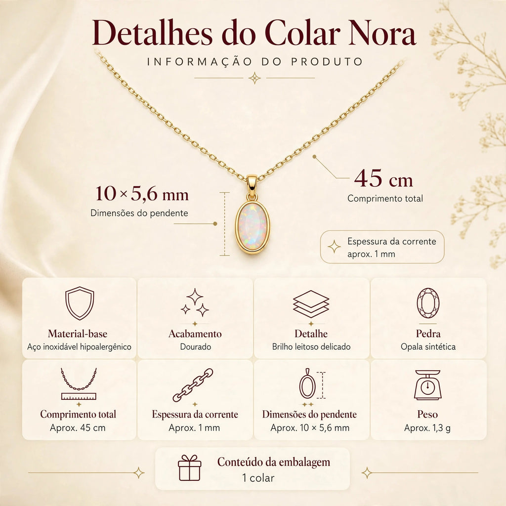 Infográfico detalhes do Colar Nora - colar dourado com pendente oval opala sintética 10x5,6mm corrente 45cm aço inoxidável hipoalergénico - Klyko