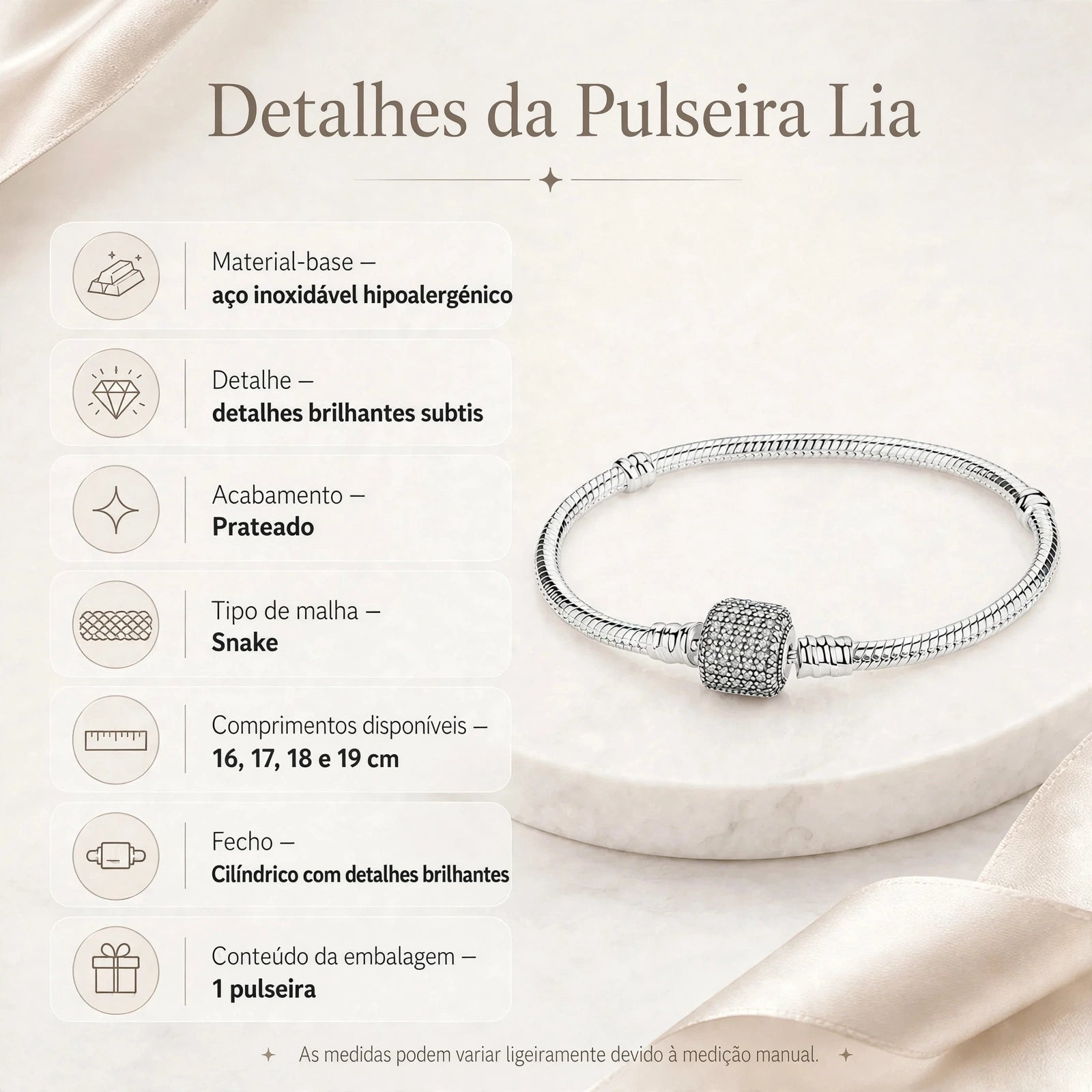Detalhes da pulseira snake em aço inoxidavel com tamanhos de 16 a 19 cm