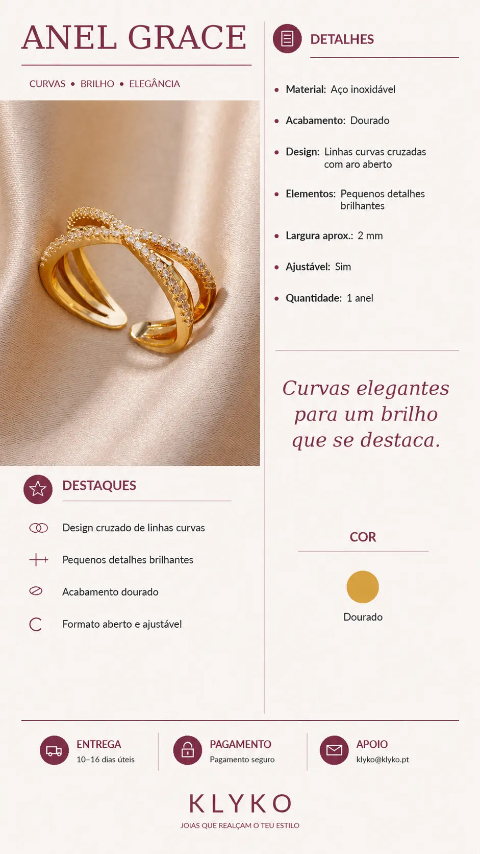 Ficha informativa do Anel GRACE ajustável em aço inoxidável com acabamento dourado, design cruzado de linhas curvas, pequenos detalhes brilhantes, cor dourada, entrega, pagamento e apoio Klyko.
