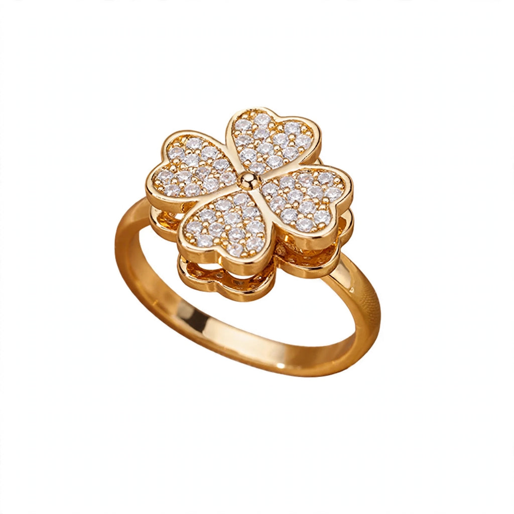 Anel trevo de 4 folhas dourado com zircónias - anel da sorte ajustável - Klyko