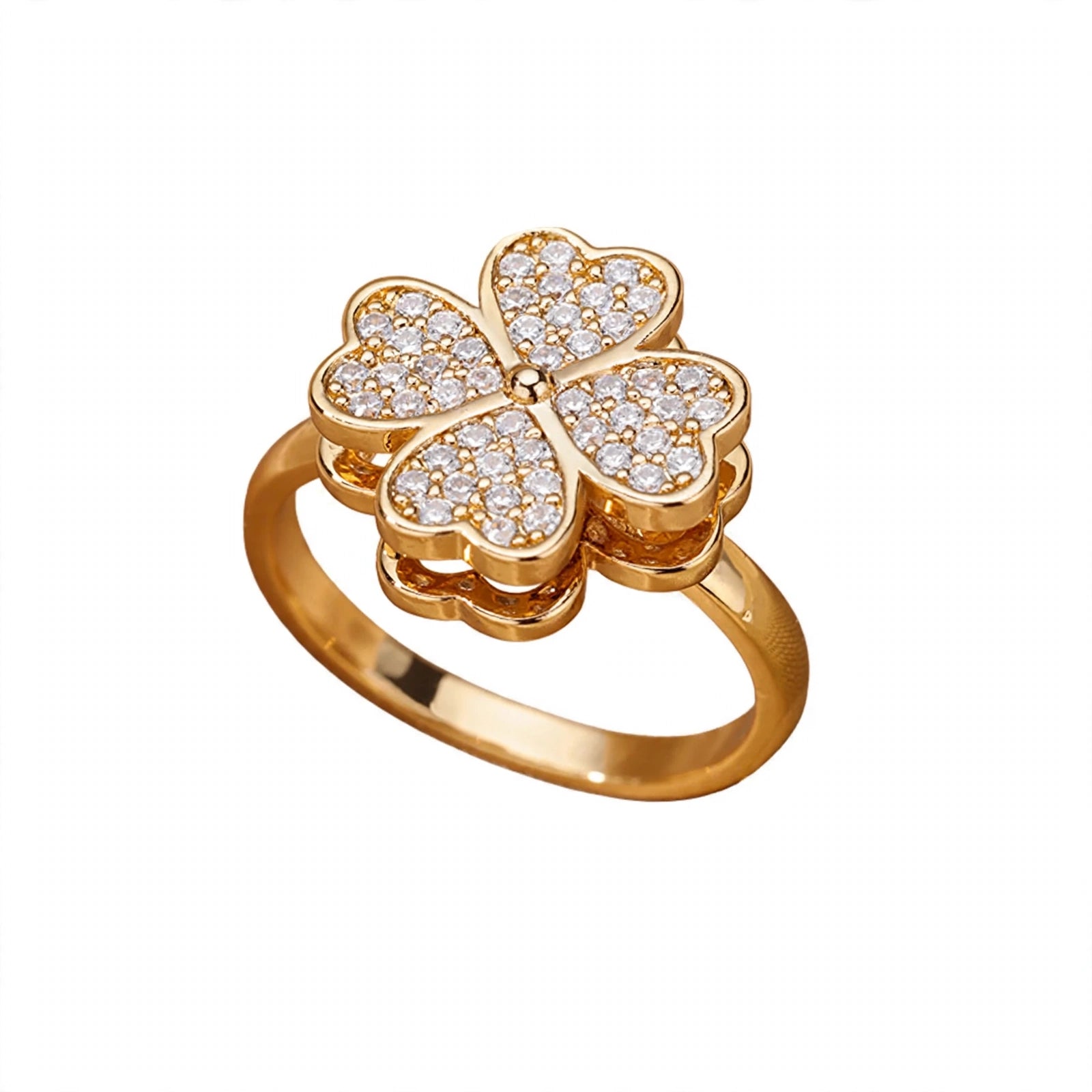 Anel trevo de 4 folhas dourado com zircónias - anel da sorte ajustável - Klyko