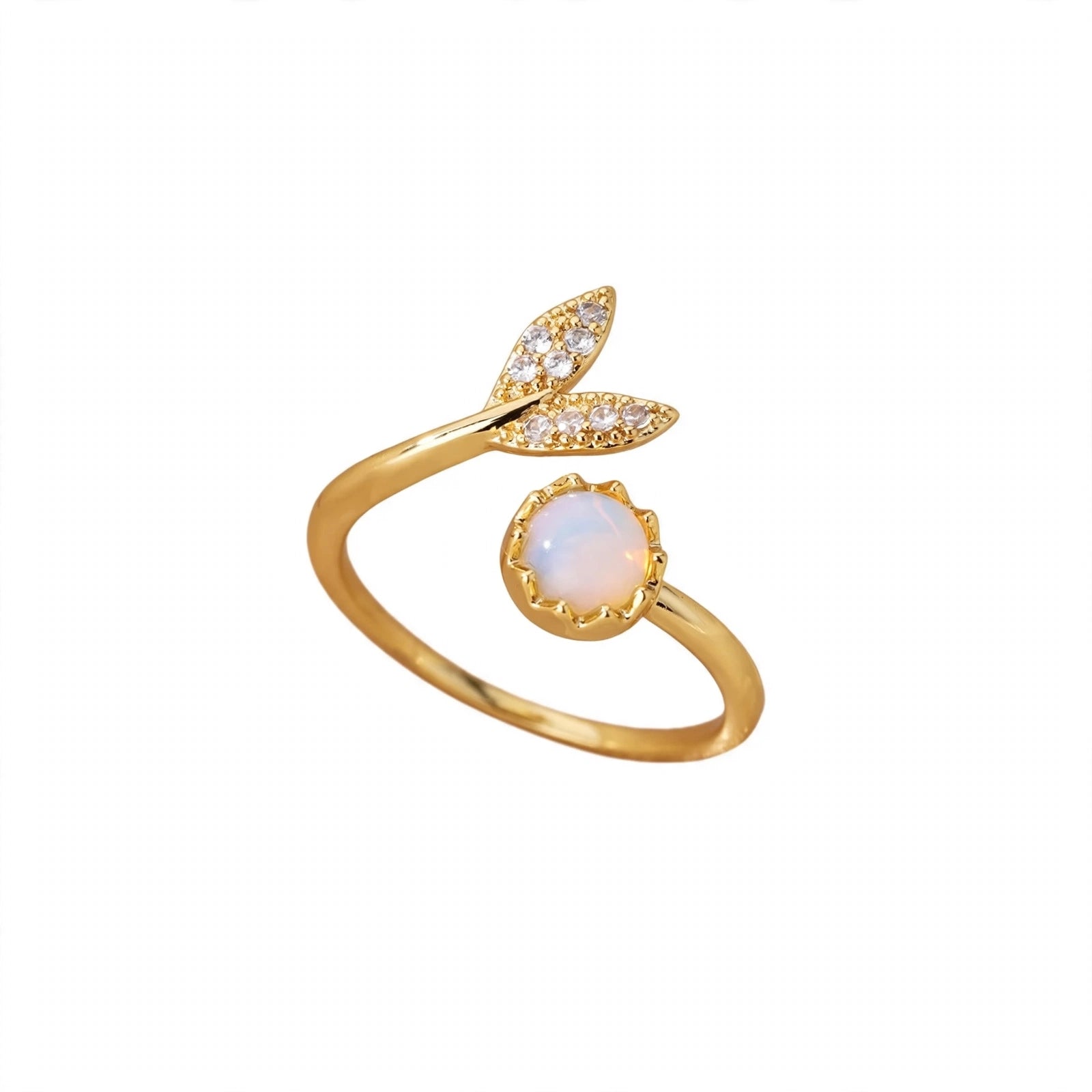 Anel feminino dourado com folhas cravejadas e pedra opala branca - anel aberto ajustável Klyko