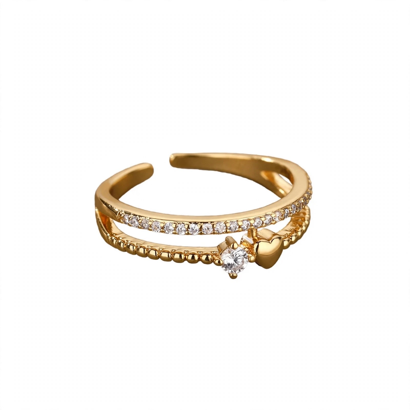 Anel dourado duplo ajustável com coração e zircónia - anel feminino - Klyko