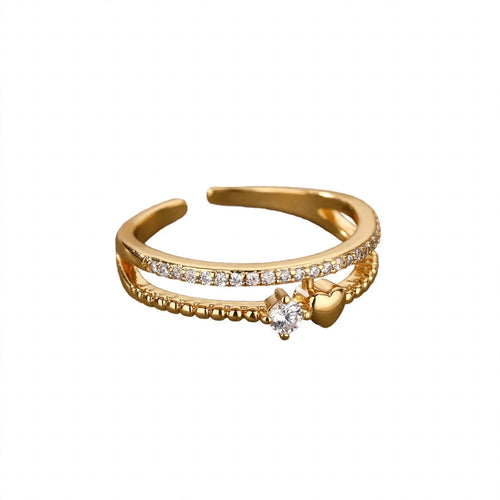 Anel RUBY dourado duplo ajustável com coração e detalhes brilhantes