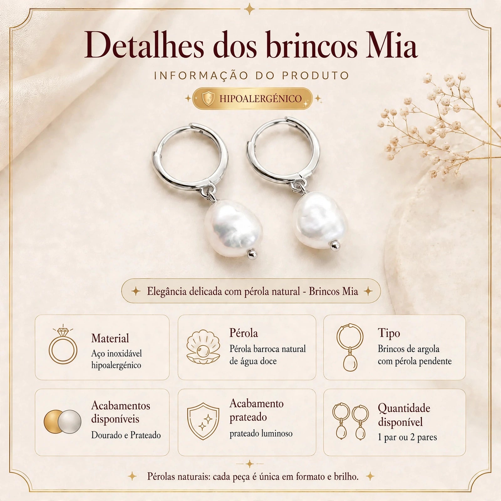 Detalhes dos brincos de argola em aço inoxidável hipoalergénico com pérola barroca natural de água doce, acabamentos dourado e prateado