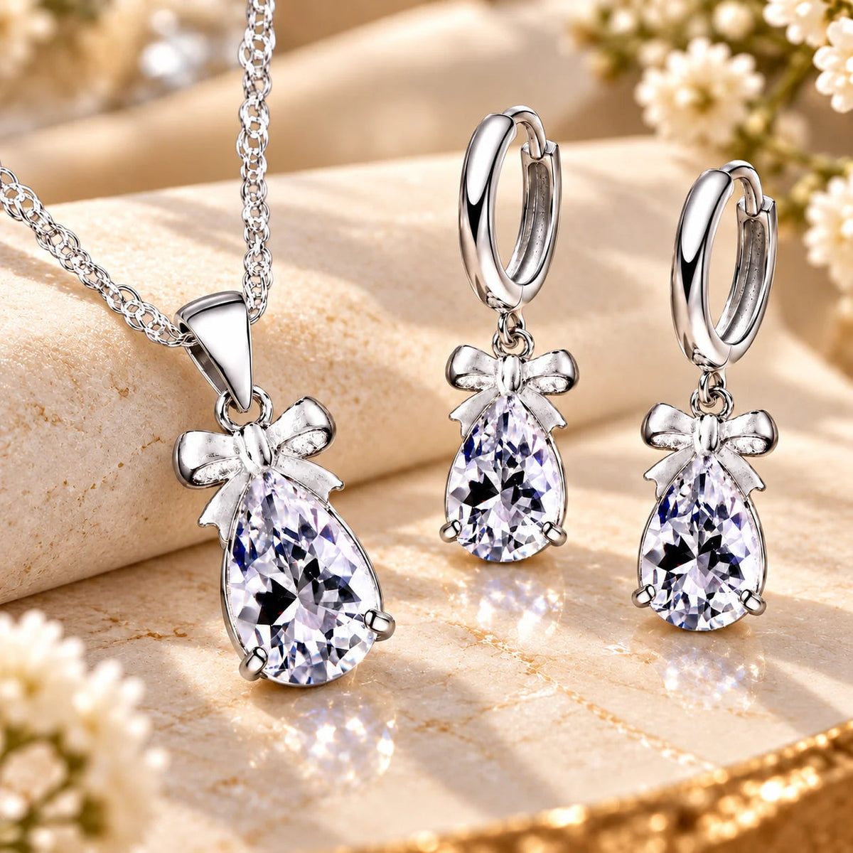 Conjunto LUMI com colar e brincos de zircónia em composição editorial elegante