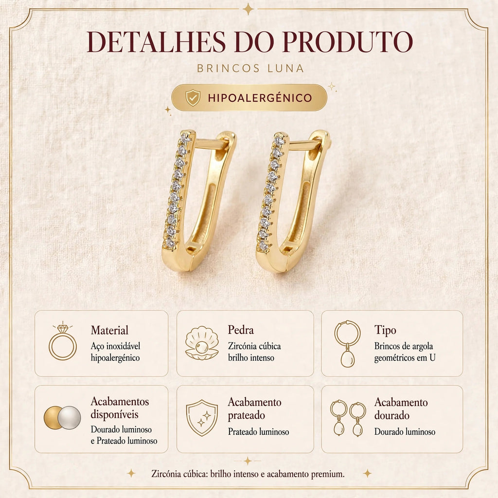 Ficha informativa detalhes e tamanho dos brincos geométricos em U com zircónias - Klyko