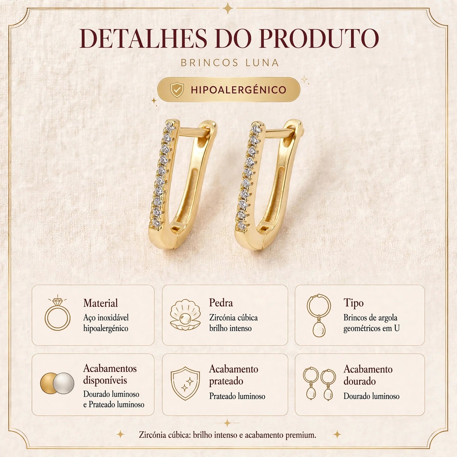 Ficha informativa detalhes e tamanho dos brincos geométricos em U com zircónias - Klyko
