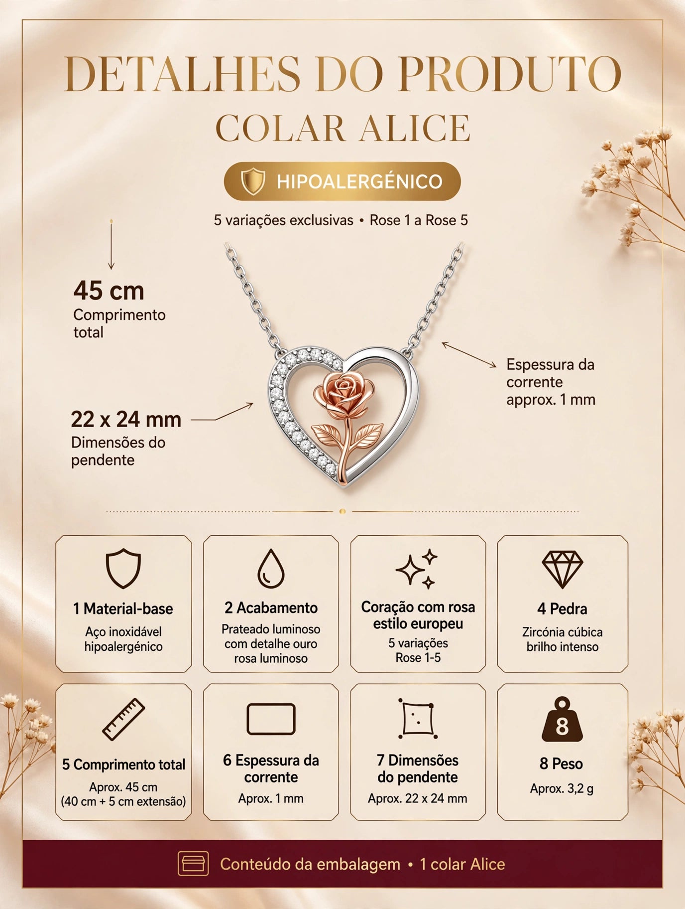 Ficha informativa Colar Alice - colar coração com rosa central em aço inoxidável hipoalergénico, acabamento prateado luminoso com detalhe ouro rosa luminoso e zircónia cúbica brilho intenso, comprimento total 45 cm com extensão, pendente 22x24 mm, 1 colar