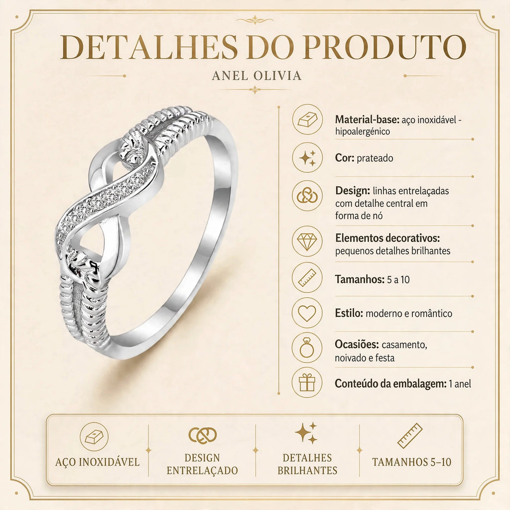 Ficha Detalhes do Produto Anel Olivia - material-base aço inoxidável hipoalergénico, cor prateado, design entrelaçado, tamanhos 5 a 10