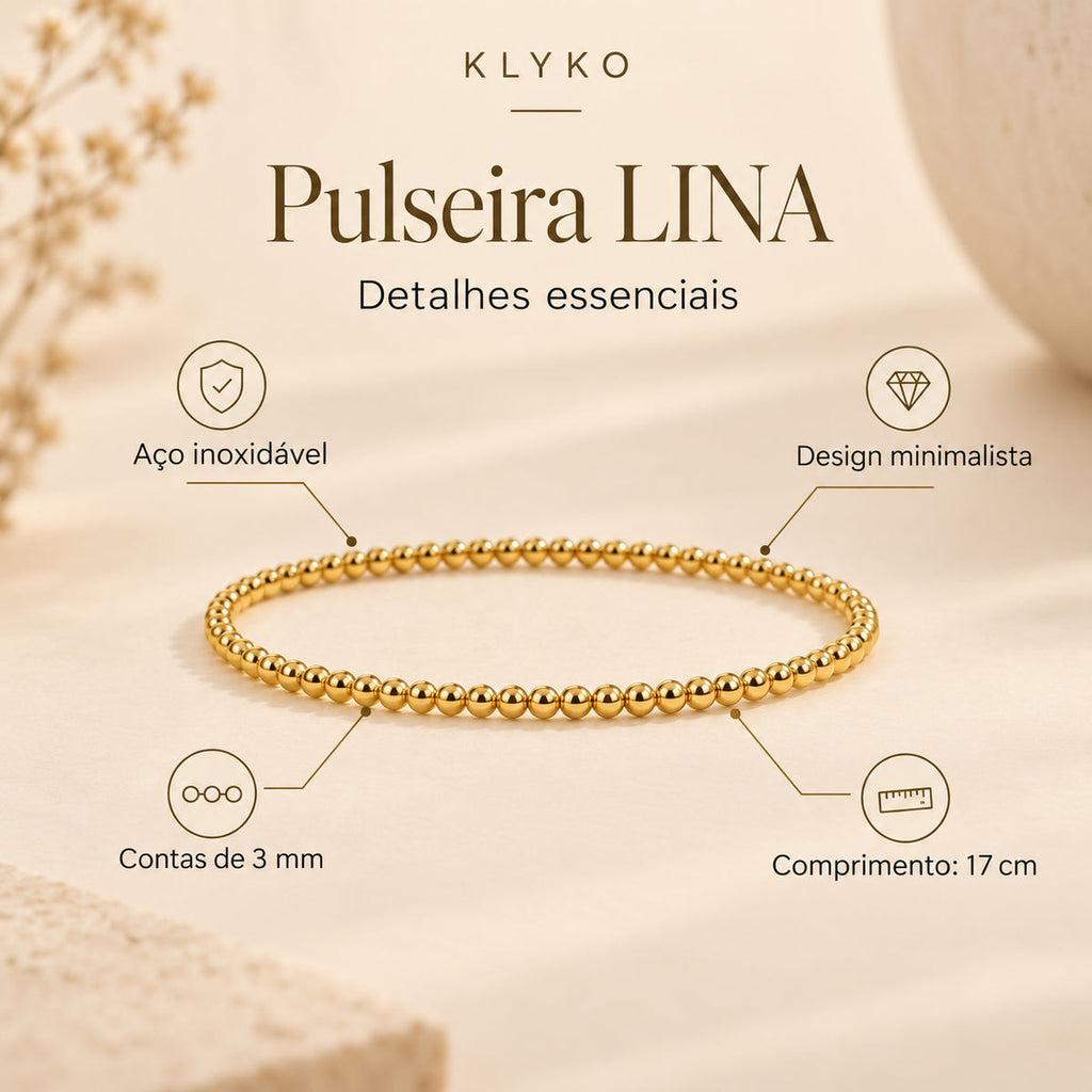 Infografia técnica da Pulseira LINA em aço inoxidável, com contas de 3 mm, design minimalista e 17 cm