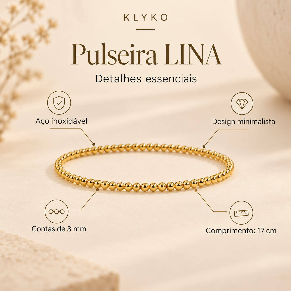 Infografia técnica da Pulseira LINA em aço inoxidável, com contas de 3 mm, design minimalista e 17 cm