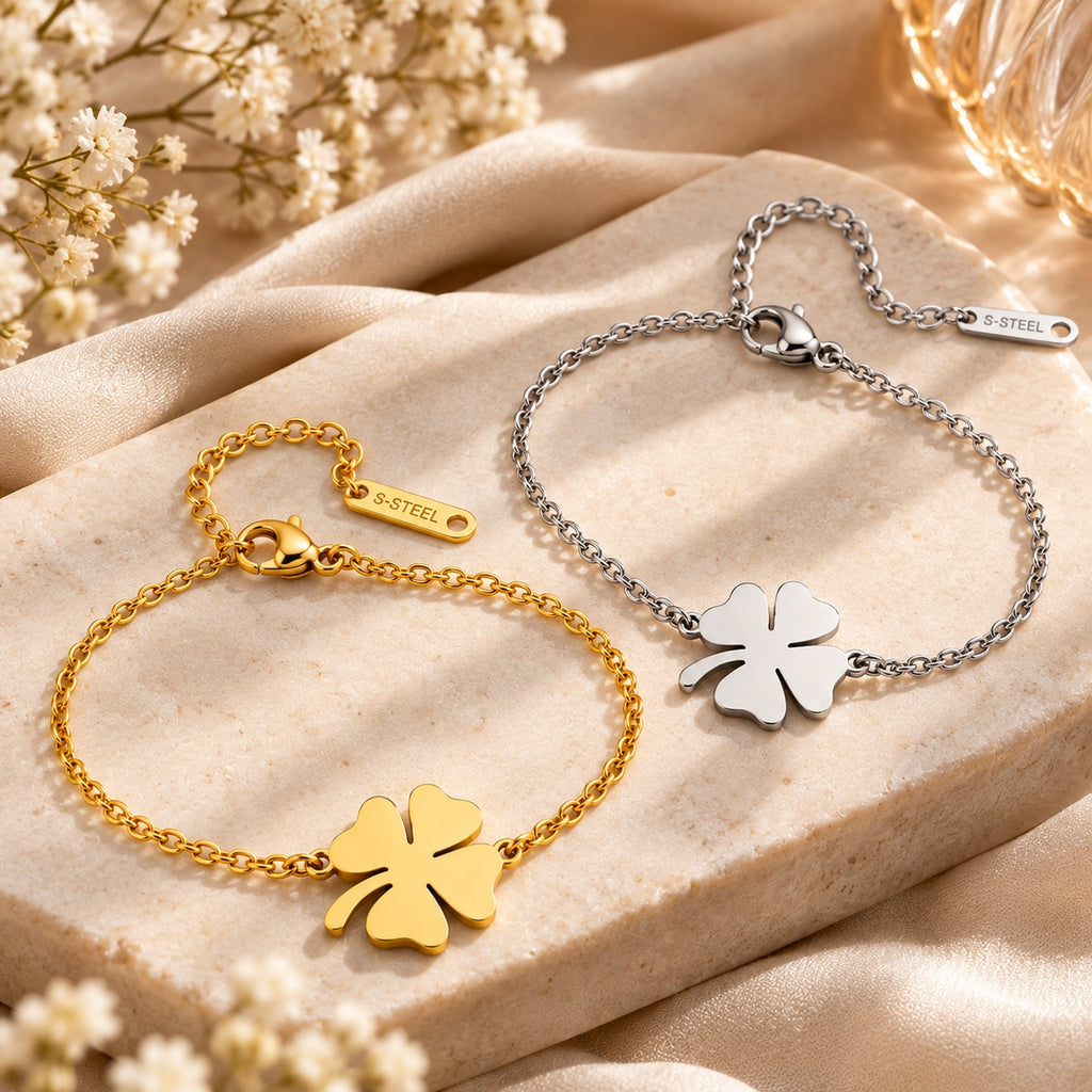 Pulseiras TREVO dourada e prateada em aço inoxidável